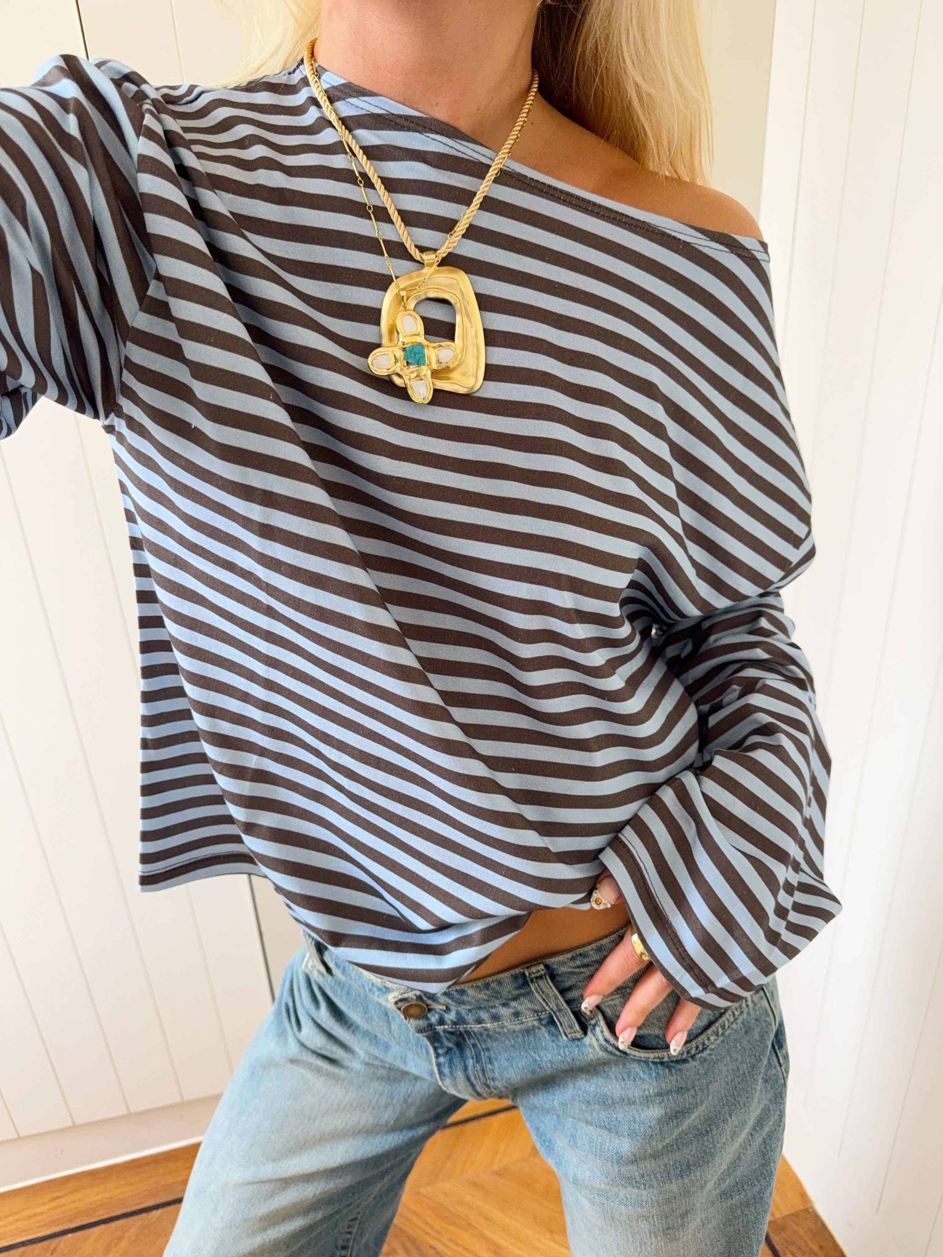 Scandivv bluse med striber - Blå/brun - Image 13