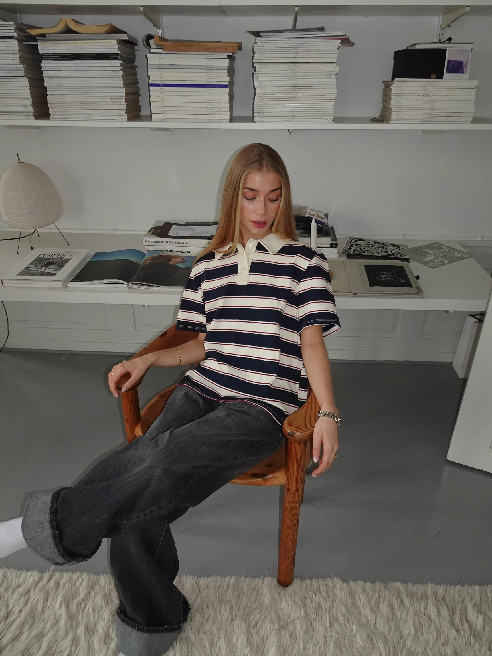 Linna polo med striber - Navy/beige/rød - Image 6