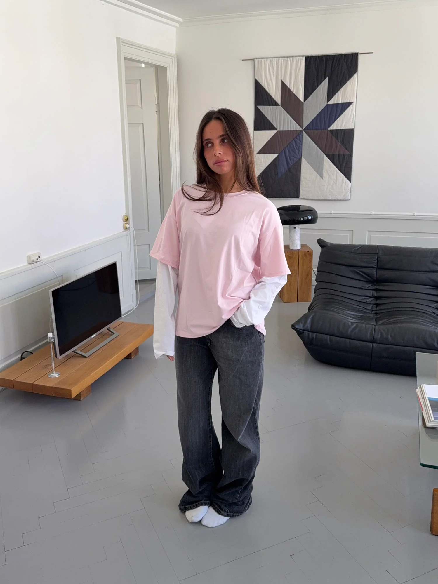 Amalie t-shirt med ærmer - Lyserød/hvid - Image 9