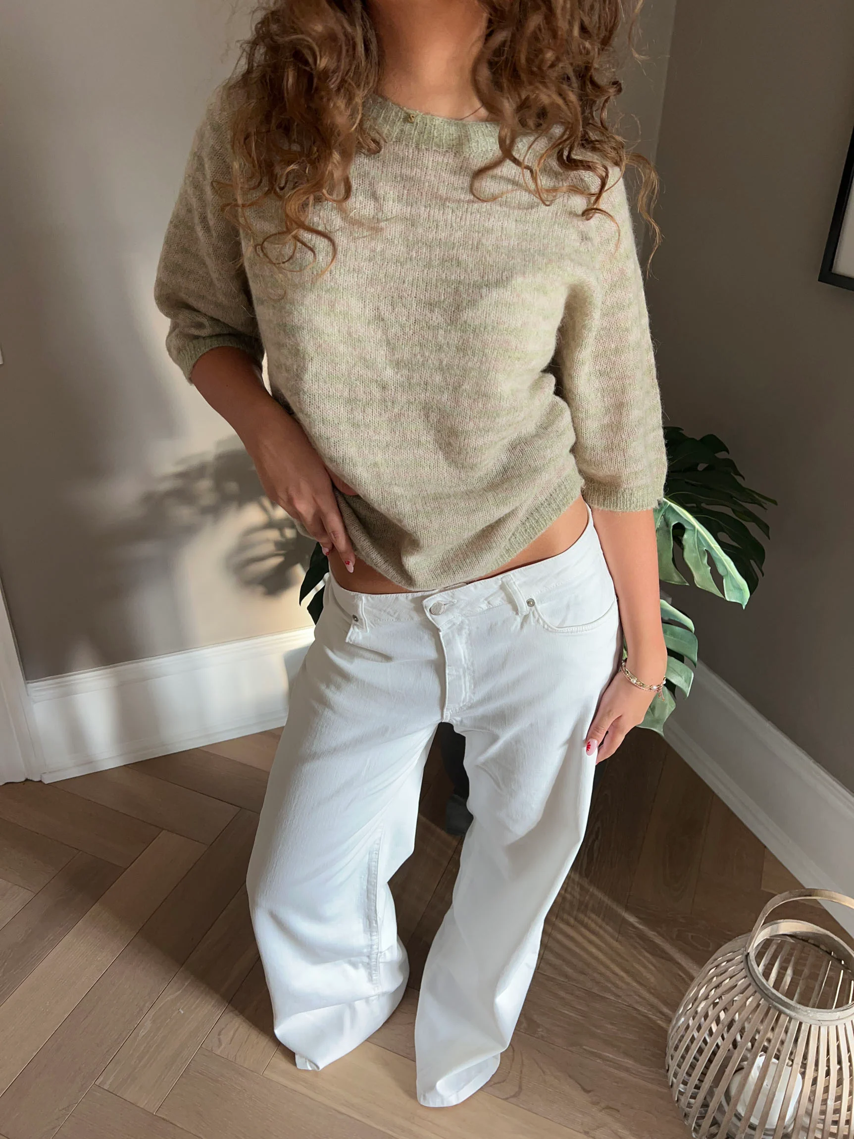 Almina strikket t-shirt med striber - Grøn/beige